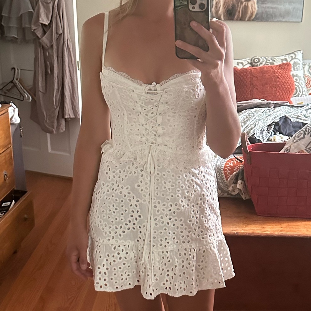 Free People x For Love & Lemons Sadie White Eyelet Corset Tiered Mini Dress - Picture 6 of 6